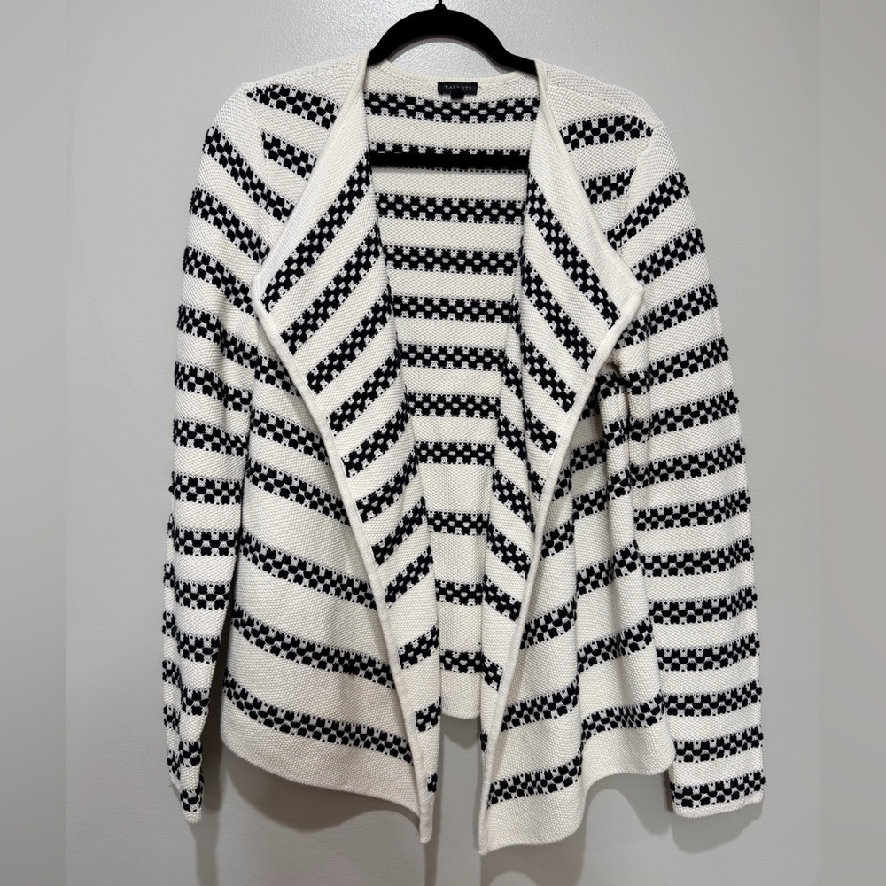 Talbots Black & Ivory Striped Open Front Cardigan Size M Classic Timeless Staple